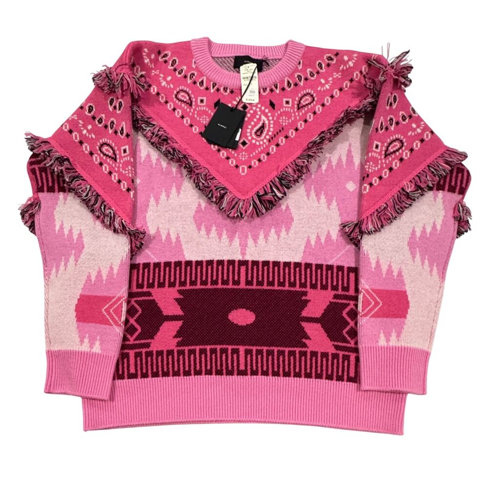 ALANUI Icon Bandana Patch Jacquard Sweater Pink NWT $1915 Fringe Knit Size Large